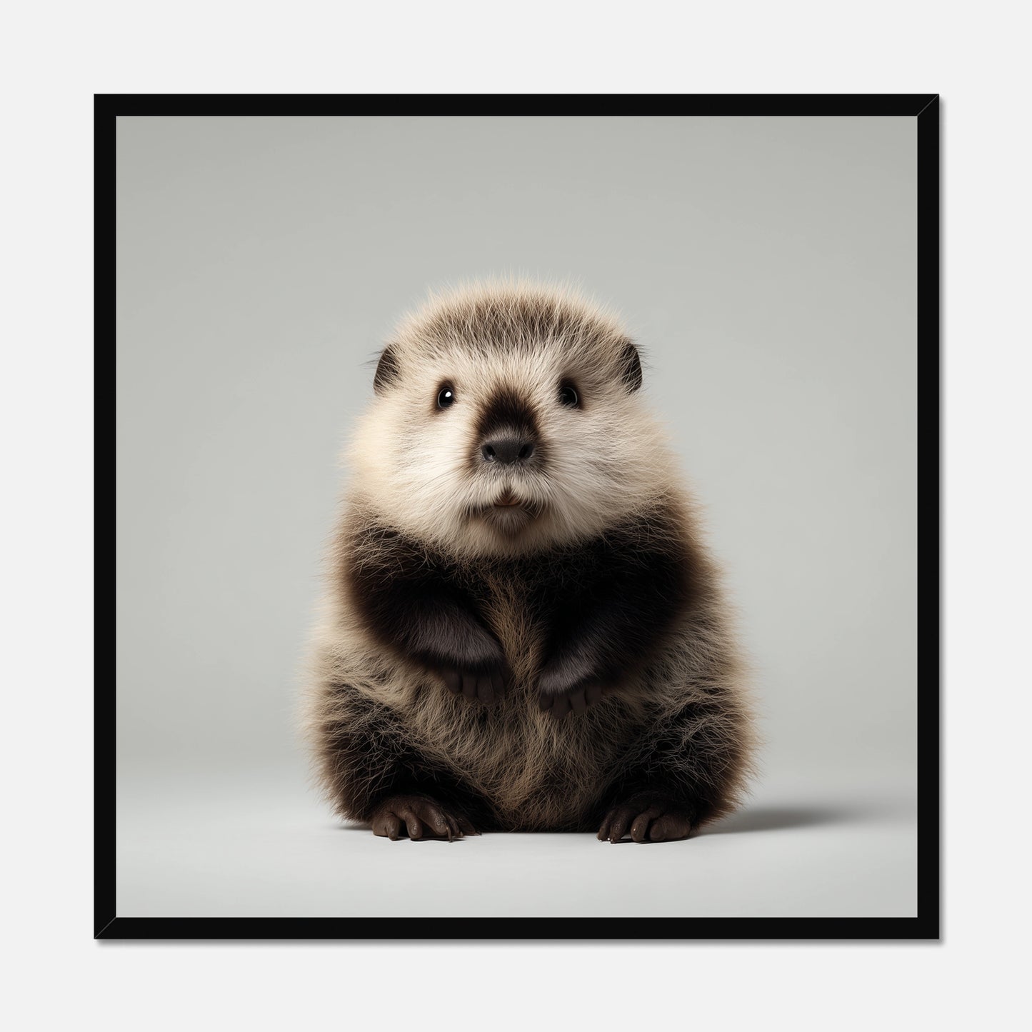 Black framed picture of a baby beaver on a gray background