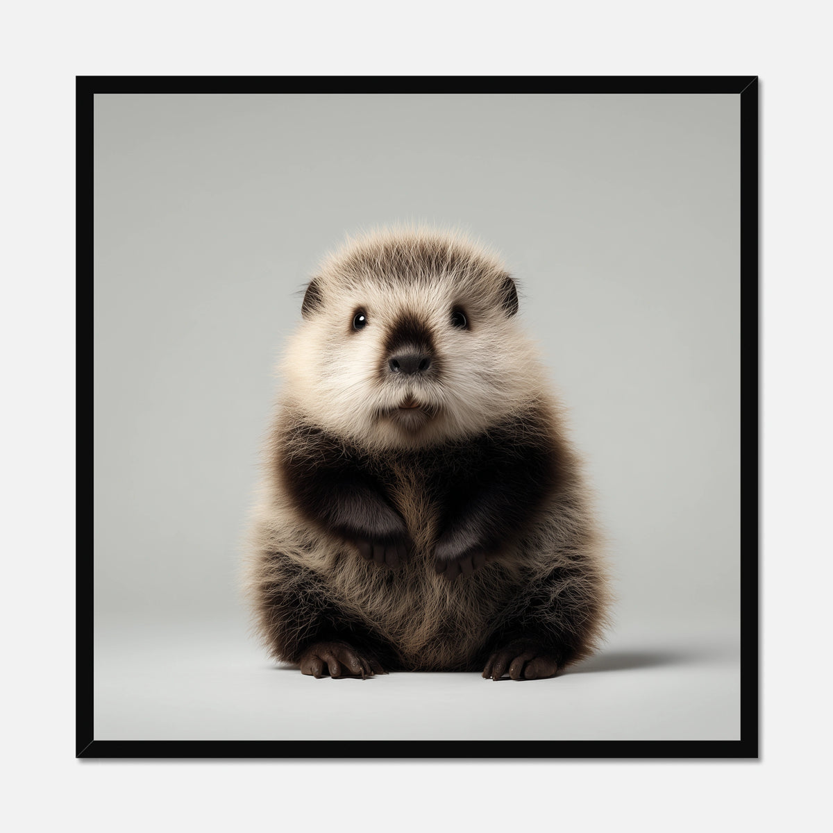 Black framed picture of a baby beaver on a gray background