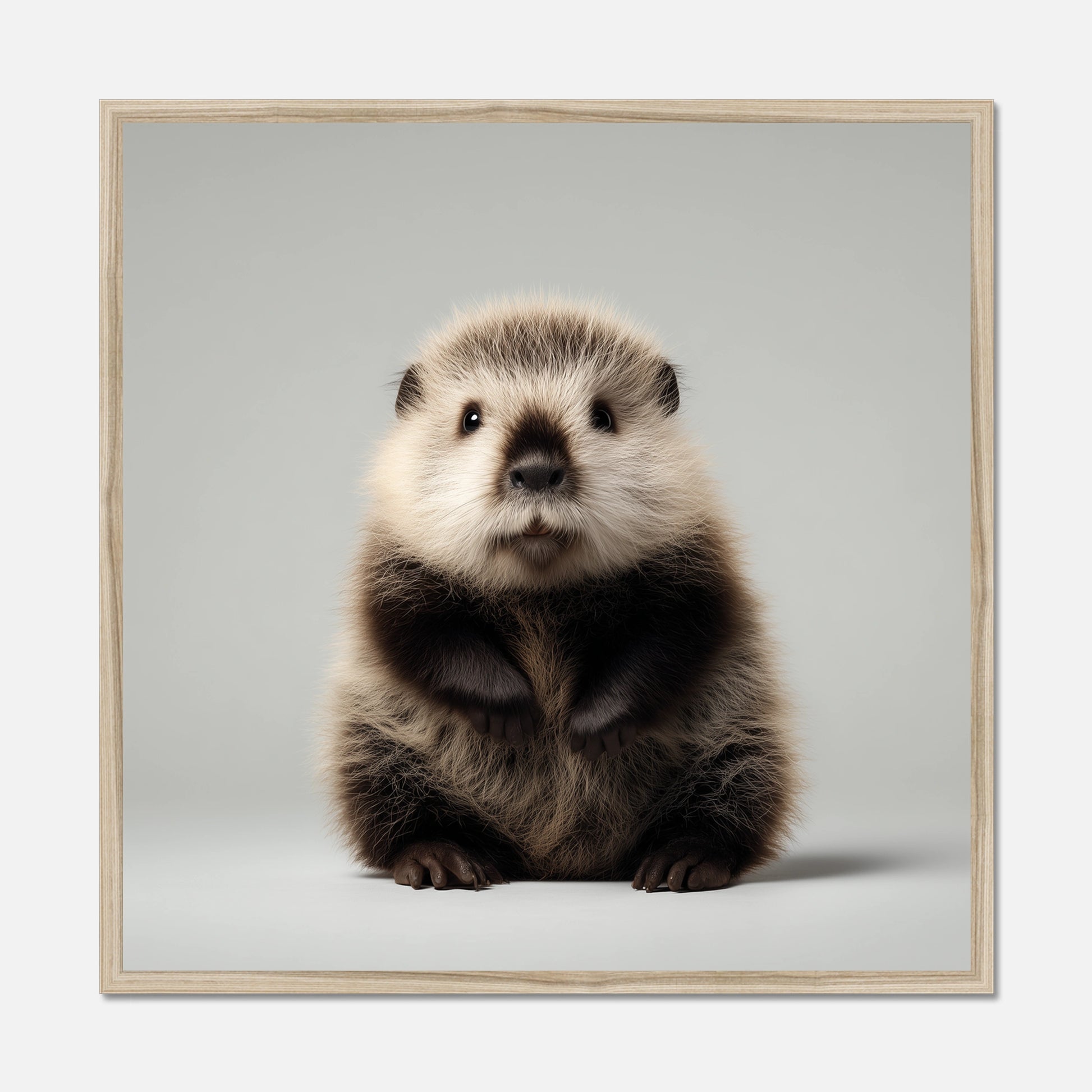 Natural Oak framed picture of a baby beaver on a gray background