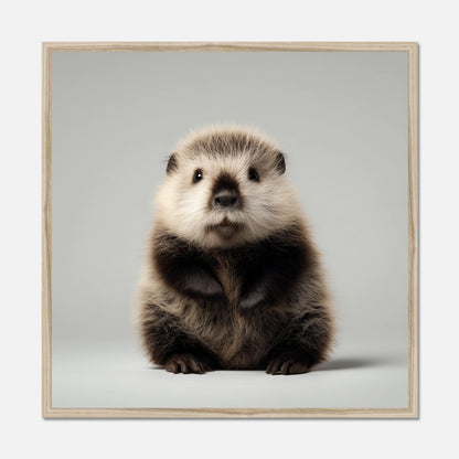 Natural Oak framed picture of a baby beaver on a gray background