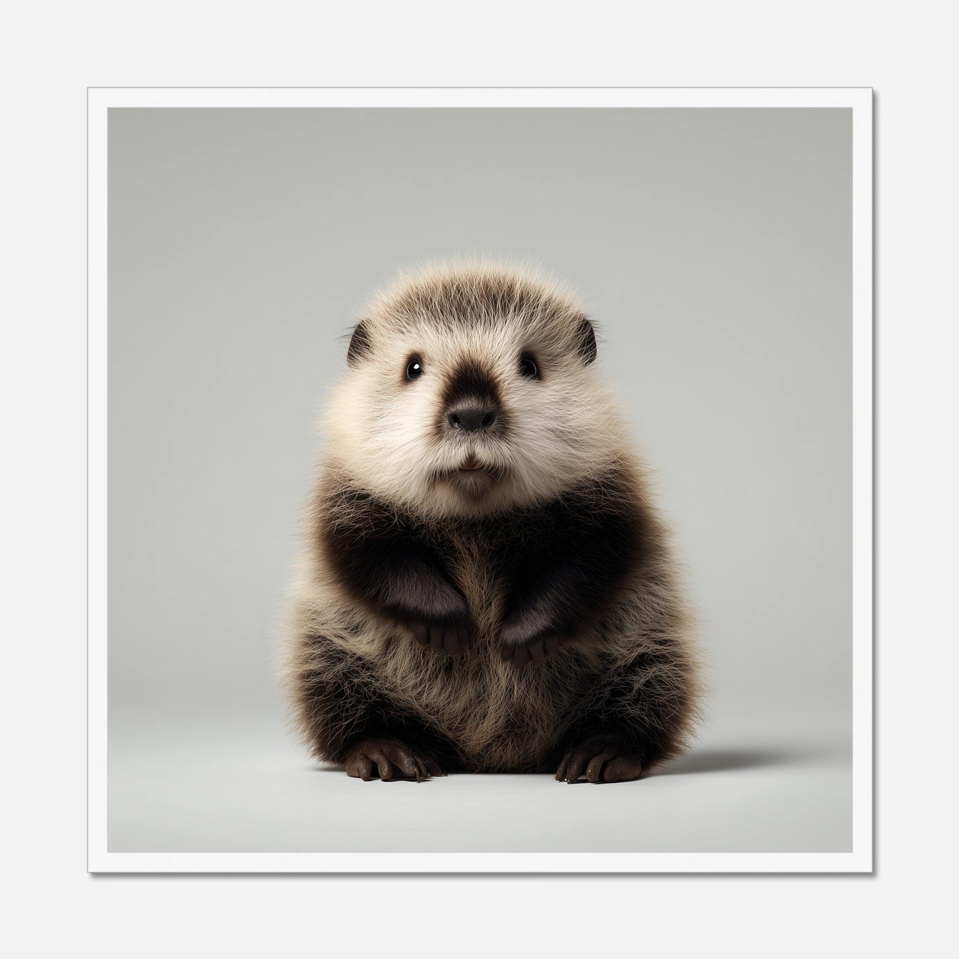 White framed picture of a baby beaver on a gray background