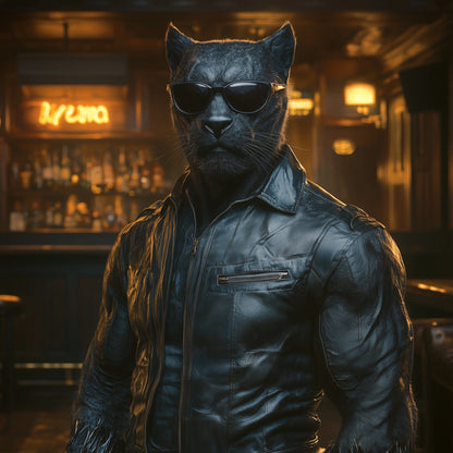 A muscular black panther wearing a black leather jacket and black sunglasses, standing in a dimly lit bar with warm yellow lighting in the background.