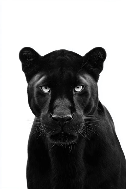 A close-up portrait of a black panther against a solid white background, with its eyes looking directly forward.