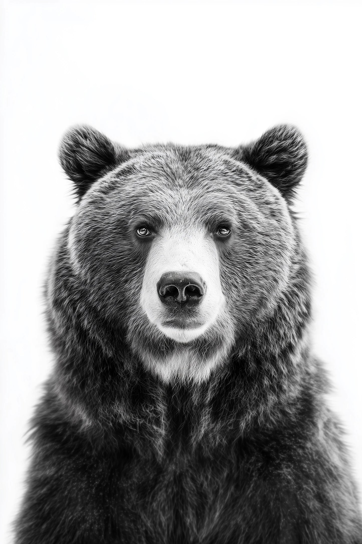 Black and white studio photography of a large brown bear