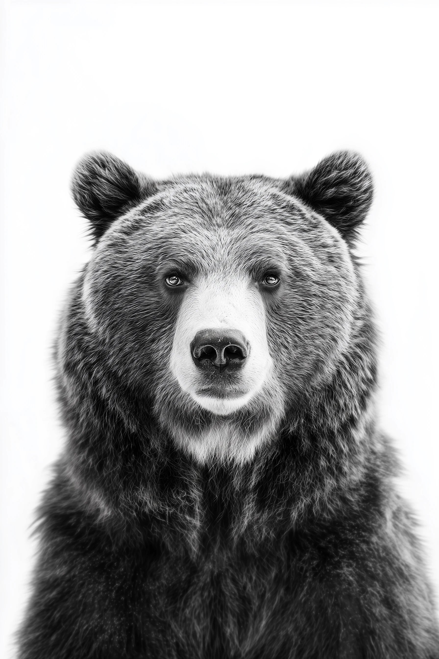 Black and white studio photography of a large brown bear