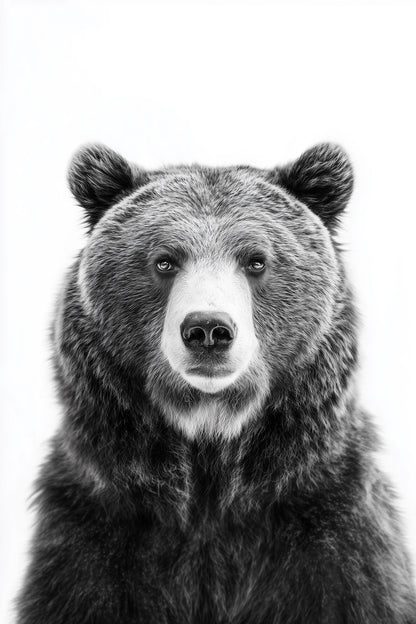 Black and white studio photography of a large brown bear