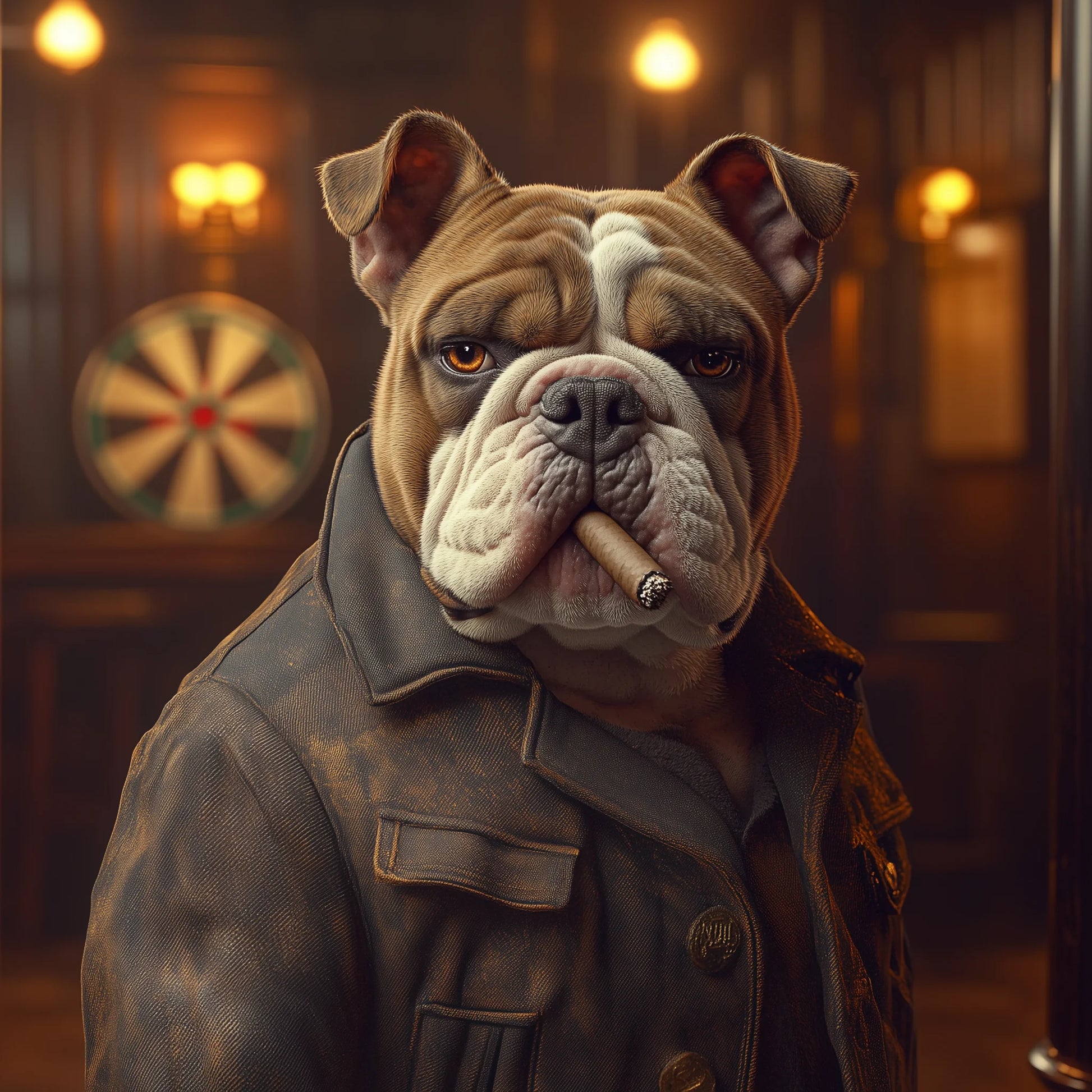 A bulldog wearing a smokers jacket, smoking on a cigar in a dimly lit warm darts sports bar.