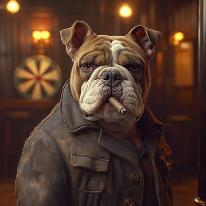 A bulldog wearing a smokers jacket, smoking on a cigar in a dimly lit warm darts sports bar.