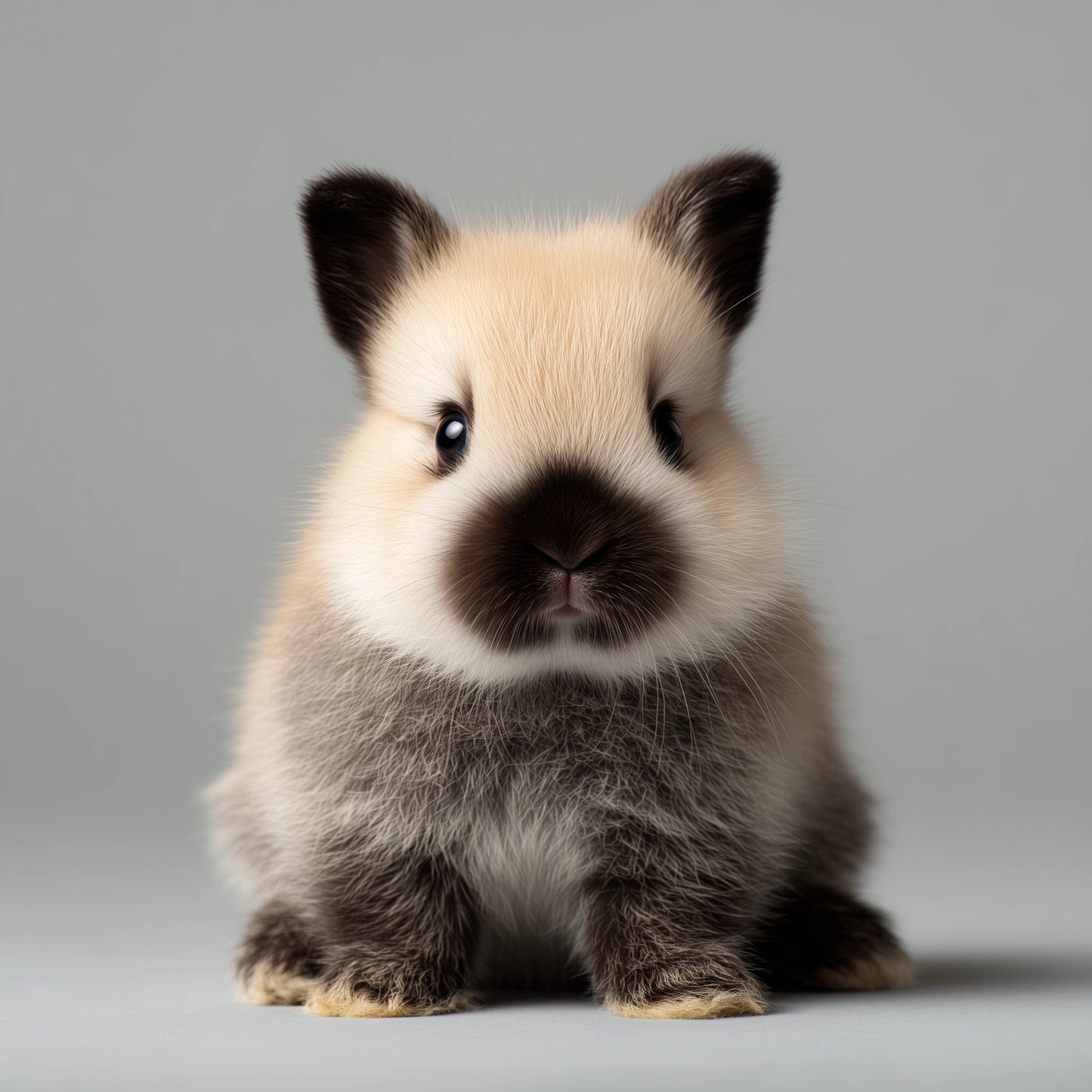 A fluffy baby rabbit with cream, gray, and black fur sitting upright against a solid light gray background.