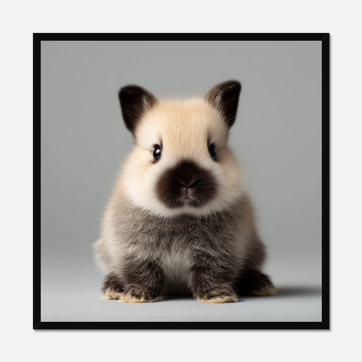 Framed picture of a small rabbit on a gray background