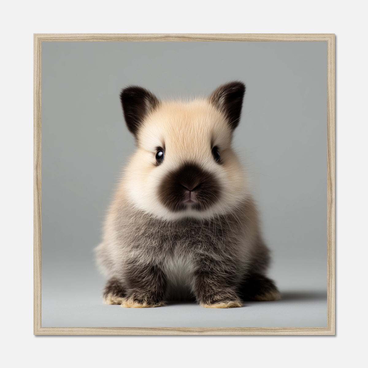 Framed picture of a small rabbit on a gray background