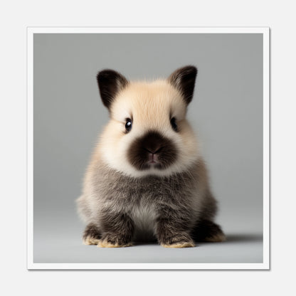 Small rabbit with a white face and gray body on a gray background