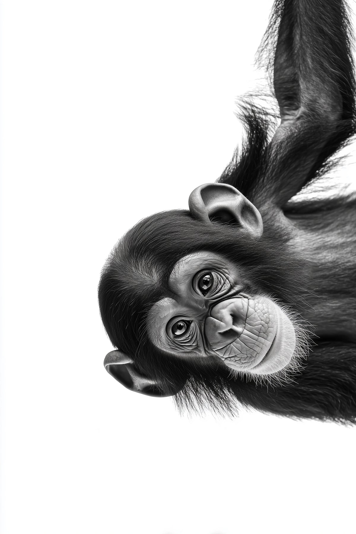 A black and white close-up photograph of a chimpanzee hanging upside down against a plain white background.