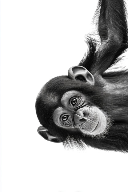A black and white close-up photograph of a chimpanzee hanging upside down against a plain white background.