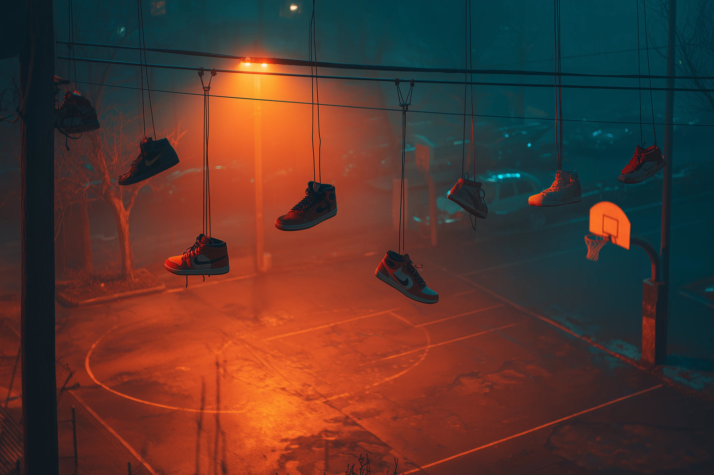 A moody, atmospheric photograph of several sneakers hanging from wires over a foggy outdoor basketball court at night, illuminated by a bright orange streetlight contrasting with a deep teal-blue ambient light.
