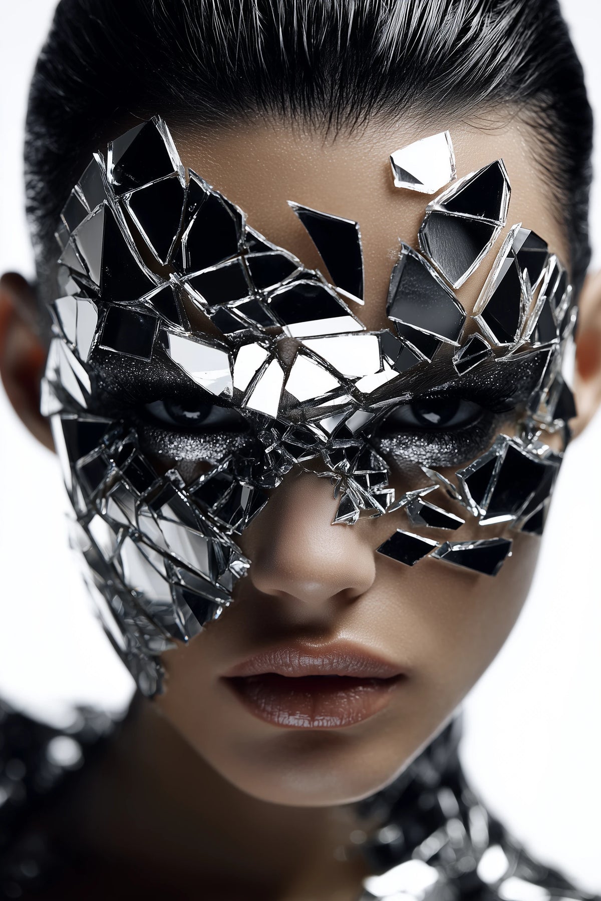 Women with the best cracked mirror face mask staring into the camera fiercely 