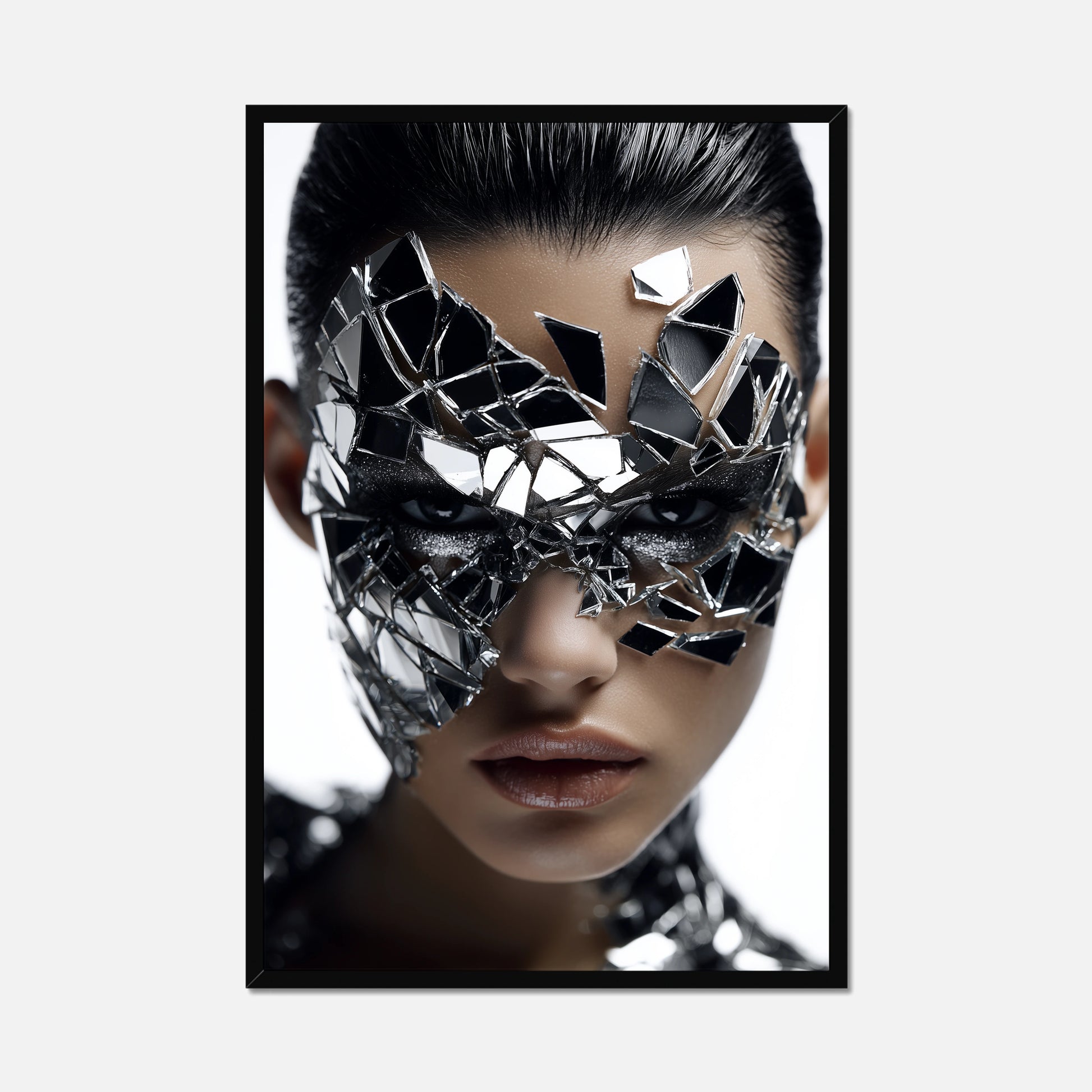 Black framed art of a women with the best cracked mirror face mask staring into the camera fiercely 