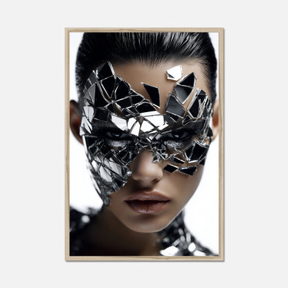 Natural oak framed art of a women with the best cracked mirror face mask staring into the camera fiercely 