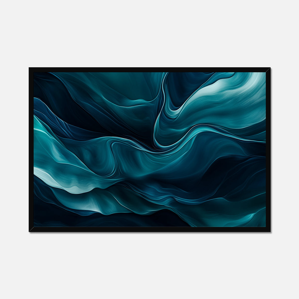 Framed abstract artwork with wavy blue and black design on a white background