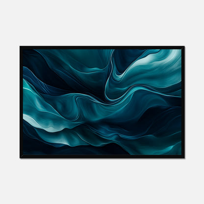Framed abstract artwork with wavy blue and black design on a white background