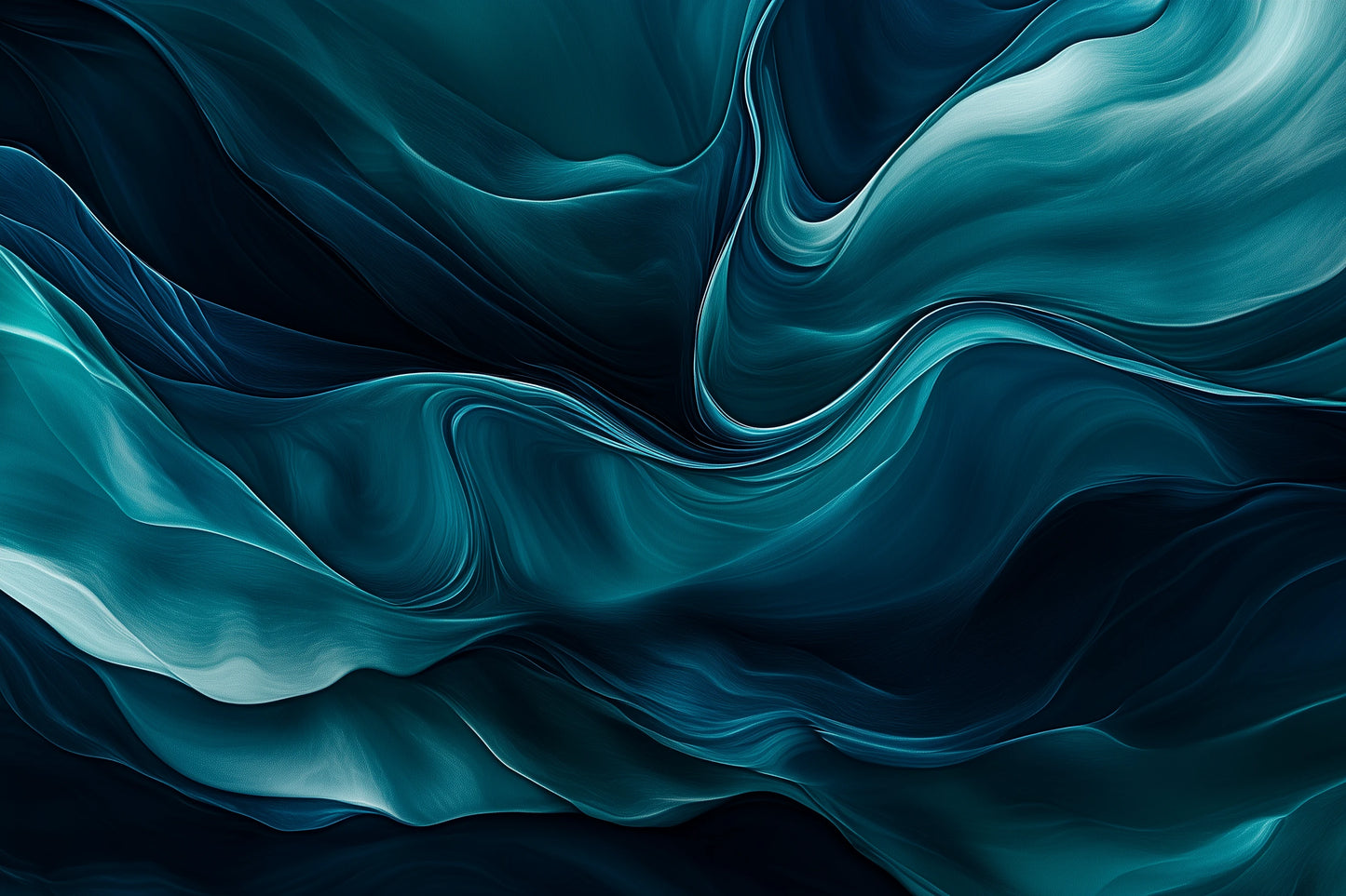 Abstract digital artwork featuring flowing, liquid-like waves and folds in deep teal, turquoise, and dark navy tones.