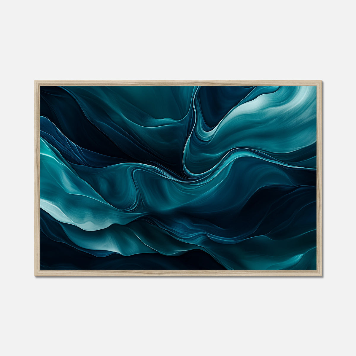 Framed abstract artwork with wavy blue and black design on a white background