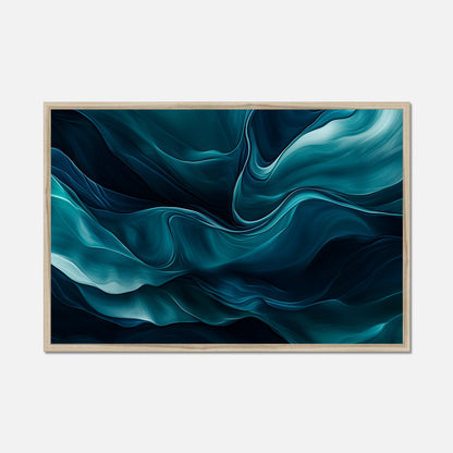 Framed abstract artwork with wavy blue and black design on a white background