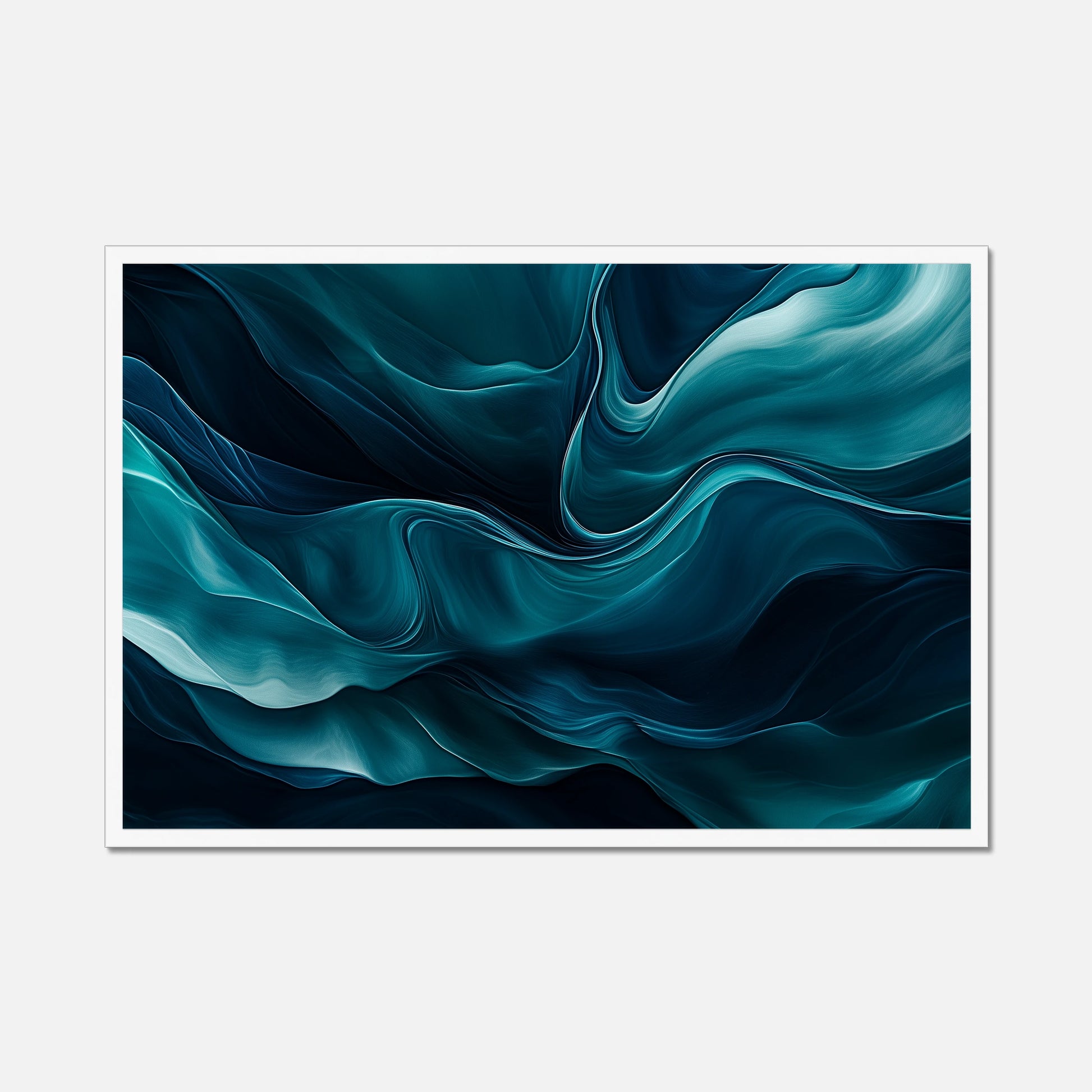 Abstract artwork with wavy blue and black patterns on a white background