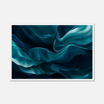 Abstract artwork with wavy blue and black patterns on a white background