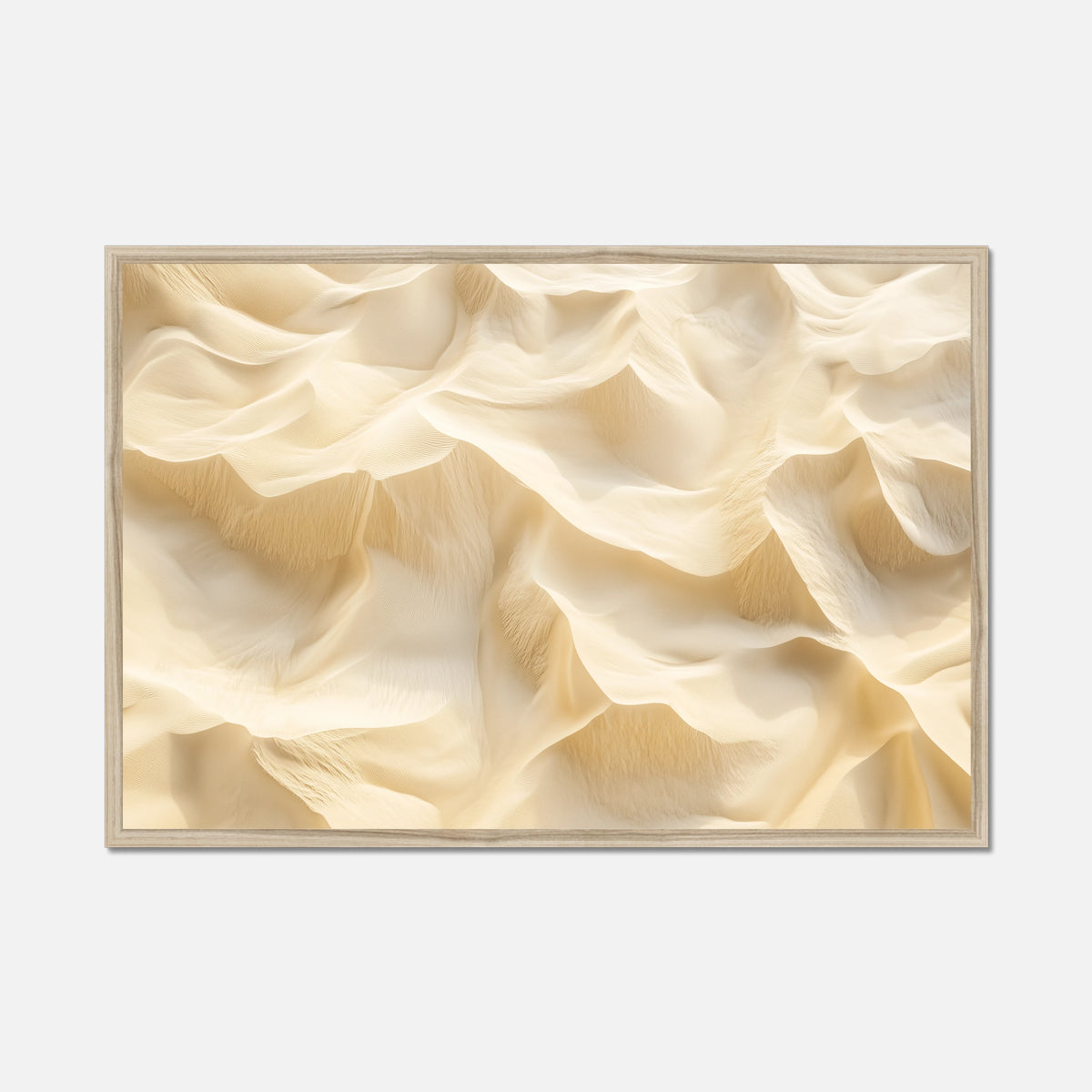 A framed abstract art print featuring a textured, wavy dune-like pattern in warm cream and beige tones, set against a light gray background.