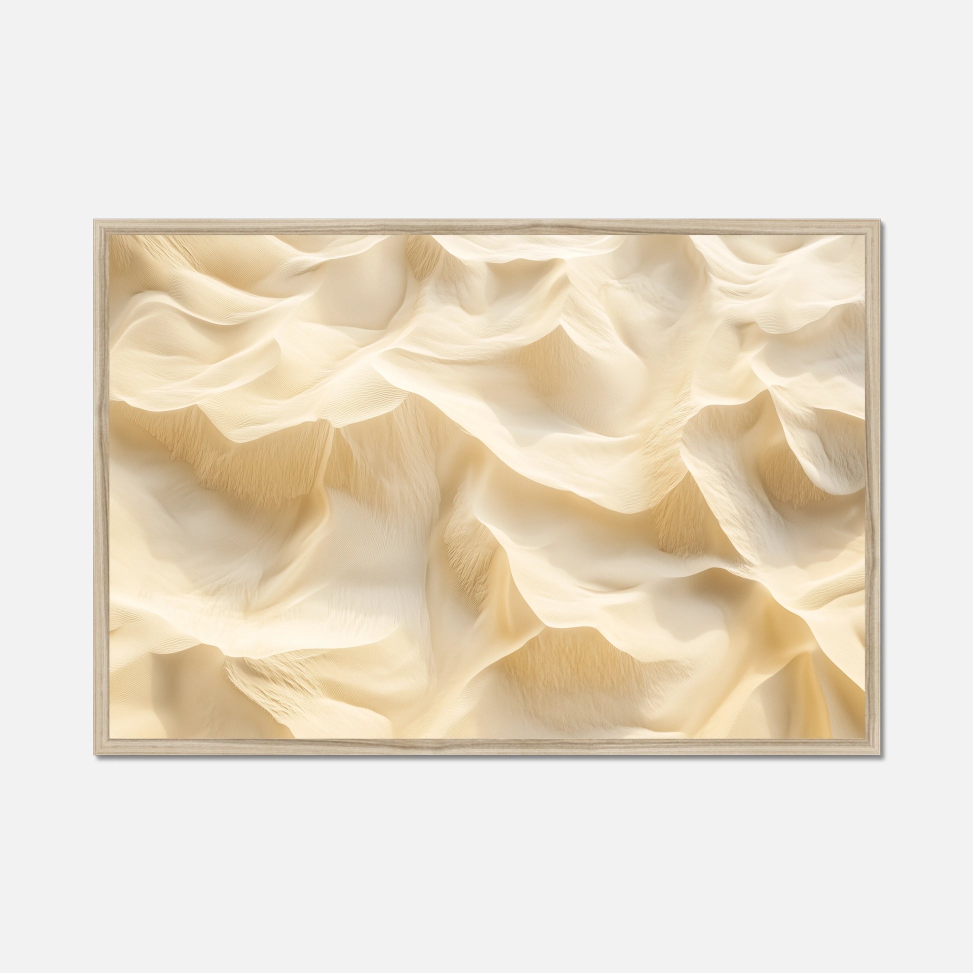 A framed abstract art print featuring a textured, wavy dune-like pattern in warm cream and beige tones, set against a light gray background.