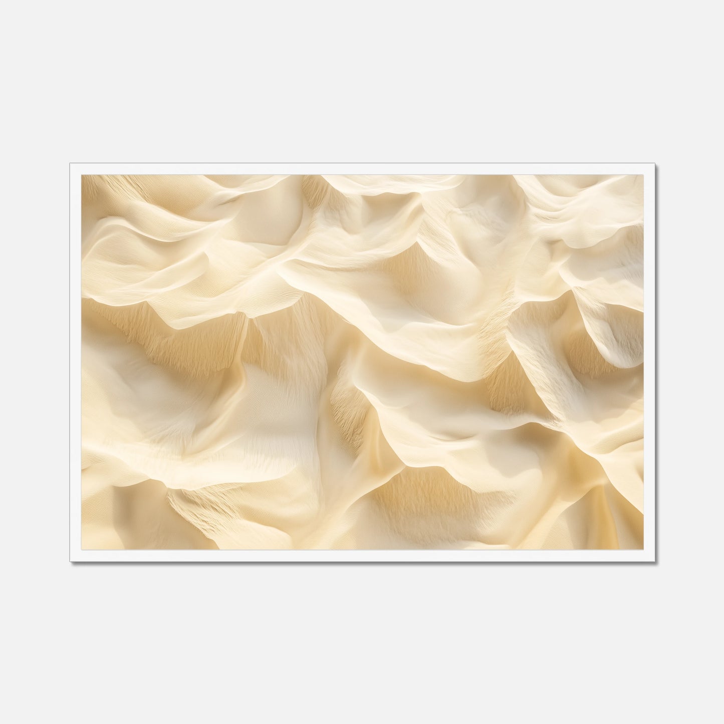 A framed abstract art print featuring a textured, wavy surface in warm cream and beige tones, displayed against a light gray background.
