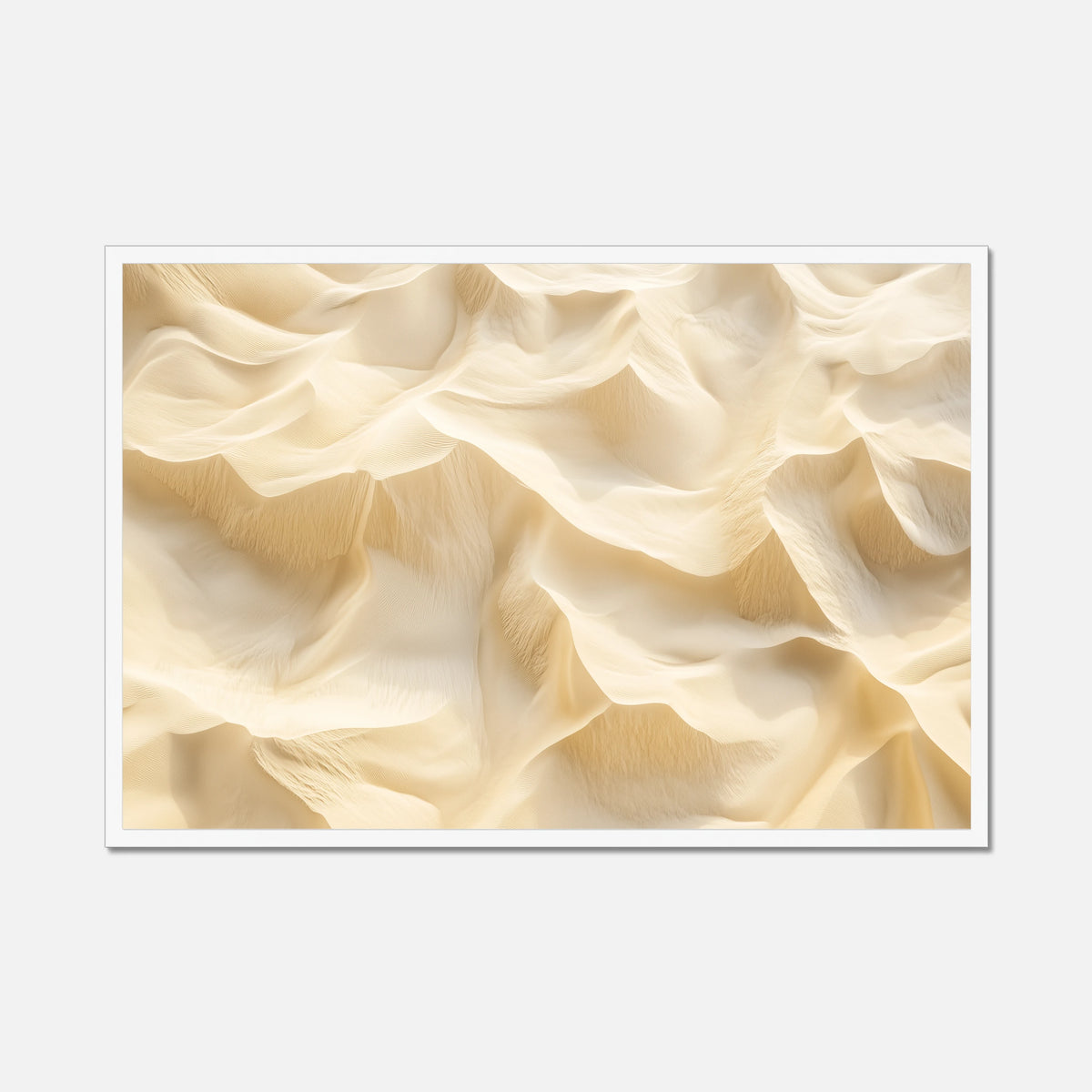 A framed abstract art print featuring a textured, wavy surface in warm cream and beige tones, displayed against a light gray background.