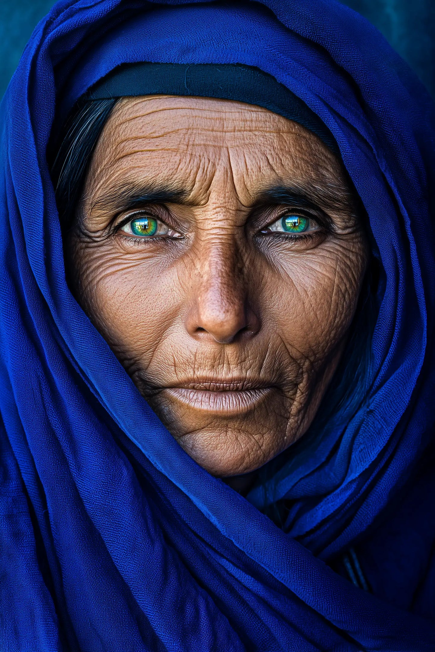 Close-up portrait of an elderly woman with deep facial wrinkles and bright green eyes, wearing a vivid royal blue headscarf.