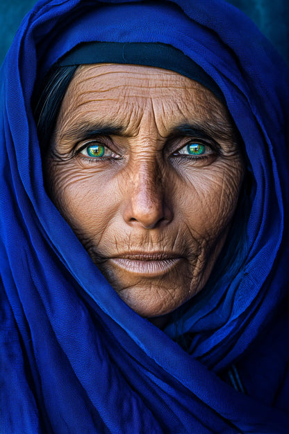 Close-up portrait of an elderly woman with deep facial wrinkles and bright green eyes, wearing a vivid royal blue headscarf.