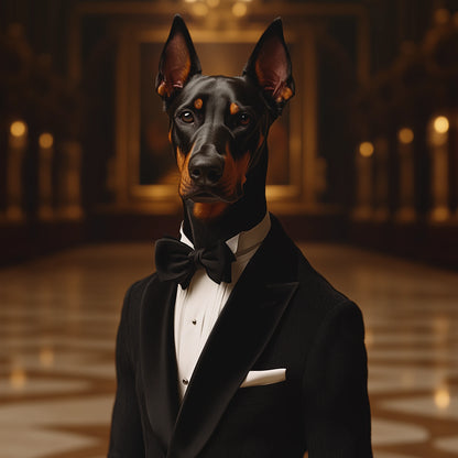 Doobermann in a formal tuxedo with a bow tie against a warm, blurred background