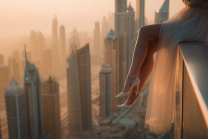 Lady in high heels sitting on a ledge overlooking the Dubai skyline at sunset. 