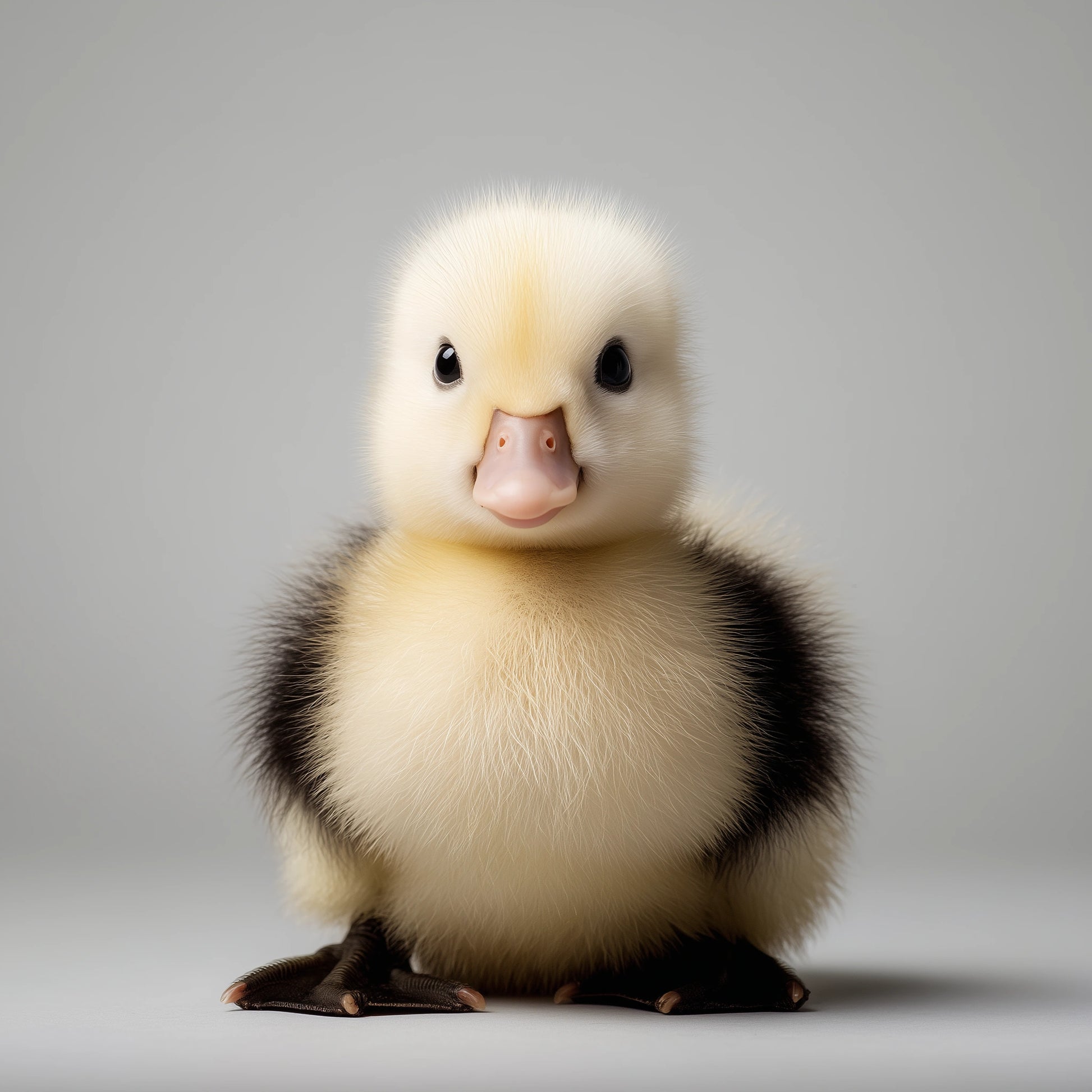 A fluffy baby duckling centered against a plain light gray studio background. The duckling has pale cream-yellow feathers, darker blackish-brown feather patches on the sides, and a pinkish beak with dark webbed feet visible at the bottom.