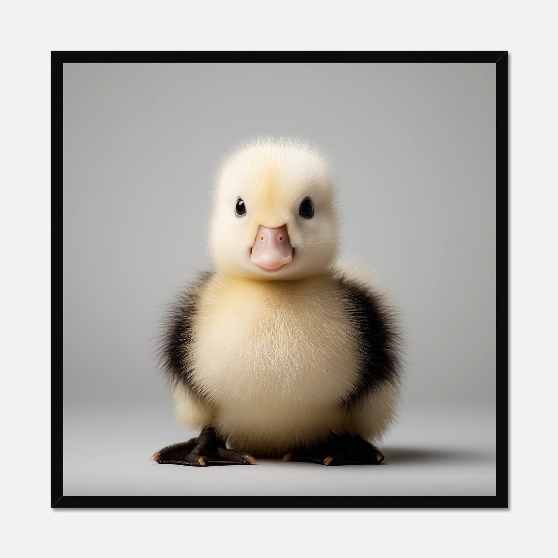 A square framed art print featuring a fluffy baby duckling centered against a light gray background, with a black frame on a white wall.