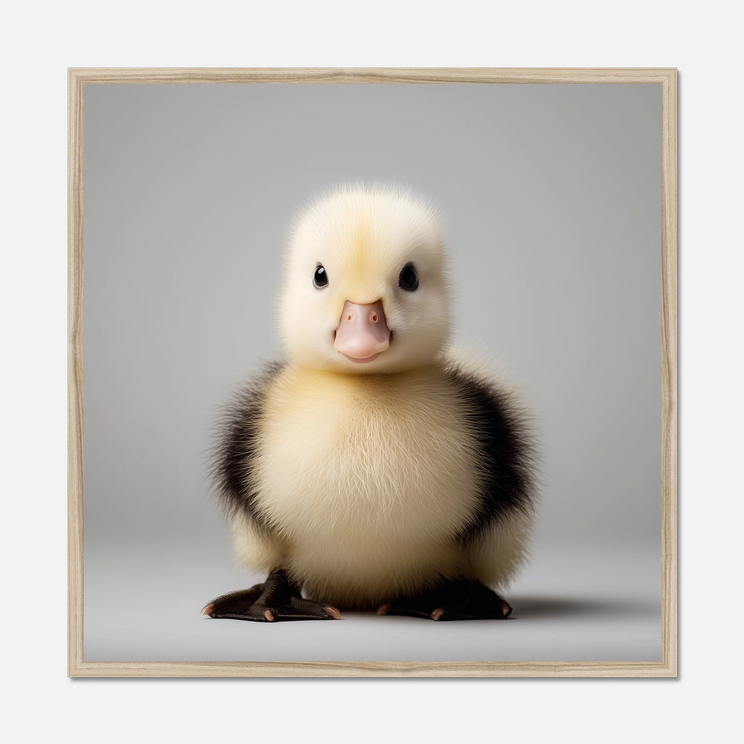 Framed picture of a fluffy duckling on a gray background