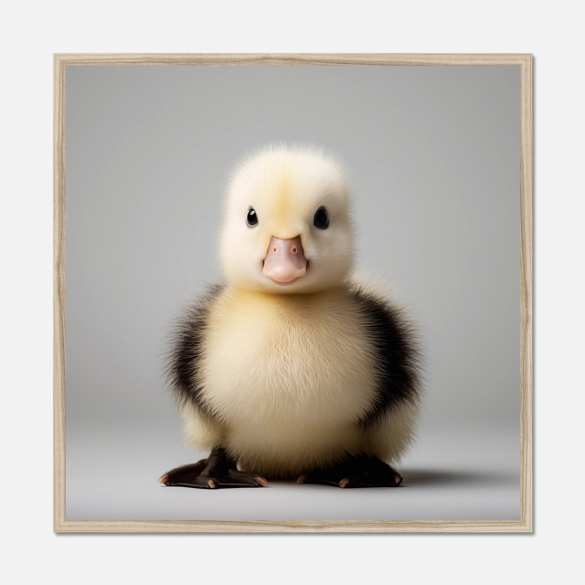 Framed picture of a fluffy duckling on a gray background