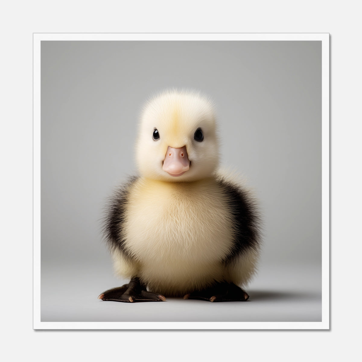 A square framed art print featuring a cute fluffy baby duckling centered against a light gray studio background. The duckling has pale cream-yellow feathers with dark brown to black patches and a pink beak.