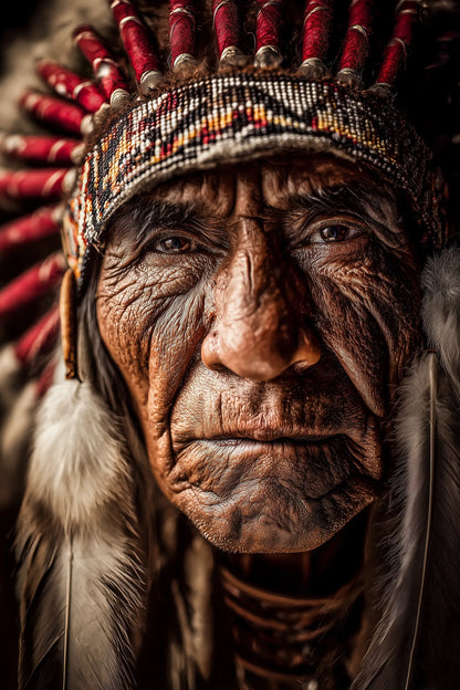 Close-up portrait of an elderly Native American wearing a detailed beaded headband and a red feathered headdress with white fur accents.