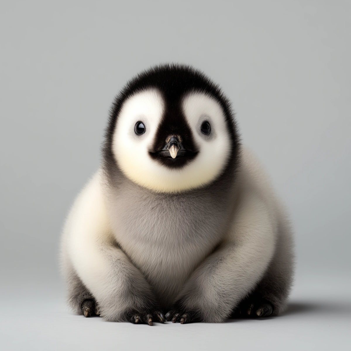 A fluffy baby penguin sitting upright against a plain light gray studio background.