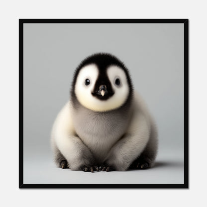 Black framed picture of a baby penguin on a gray background