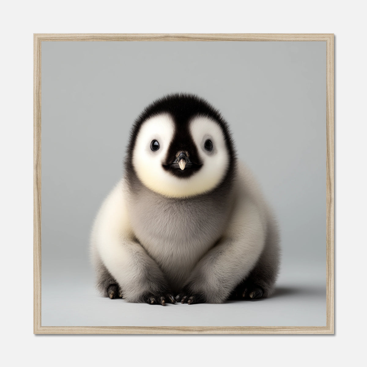 Natural oak framed picture of a baby penguin on a gray background