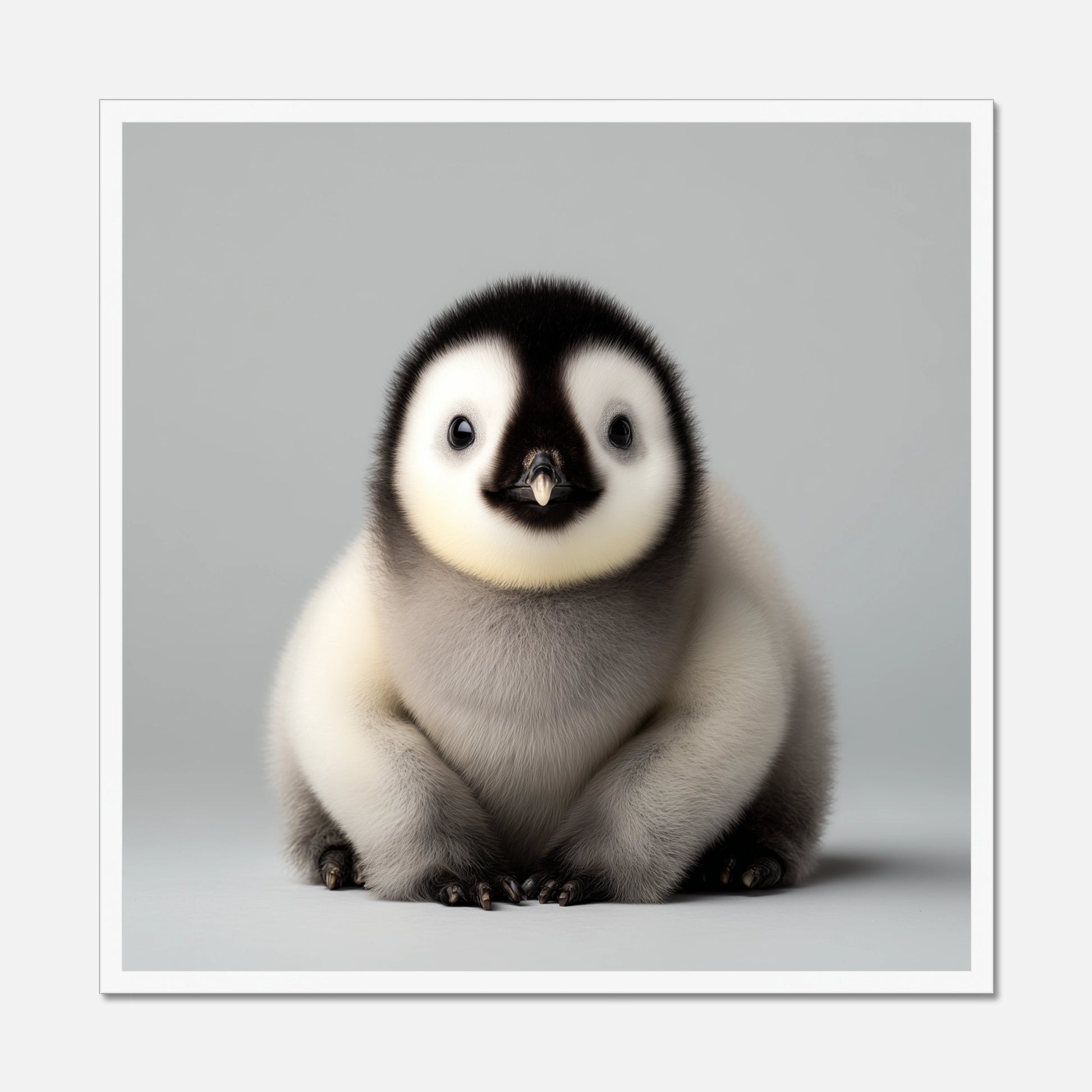 White framed picture of a baby penguin on a gray background