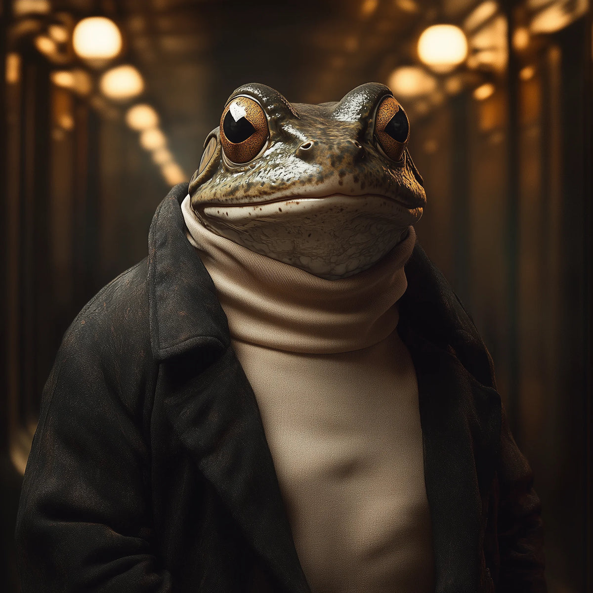 A highly detailed digital portrait of a realistic frog wearing a dark charcoal jacket and a cream-colored turtleneck sweater, set against a dark, atmospheric background with warm bokeh lights.