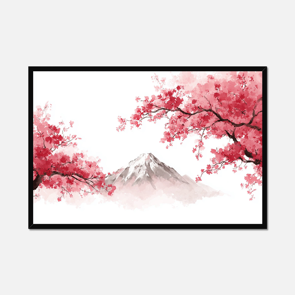 Black framed artwork of cherry blossoms and a Mt Fuji on a white background