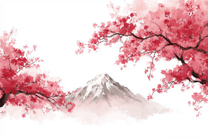 Artistic depiction of cherry blossoms with Mount Fuji in the background